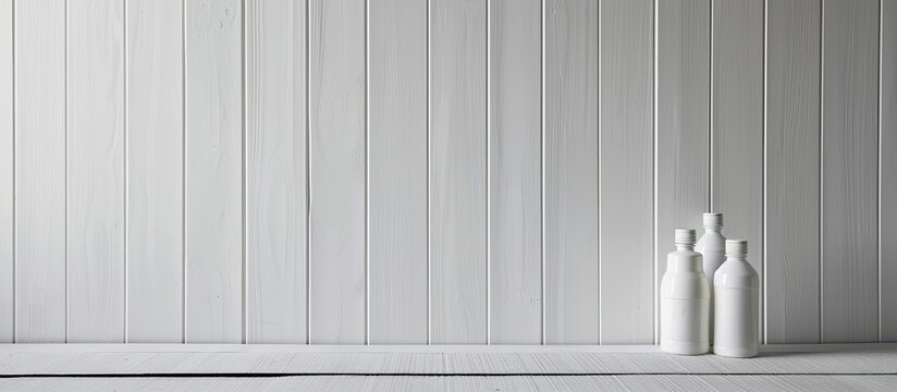 Indoor VPC siding kit including assembly adhesive bottles and PVC panels for interior renovation or construction projects with copy space image