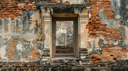 Ancient temple architecture with weathered brick wall in Ayutthaya Thailand