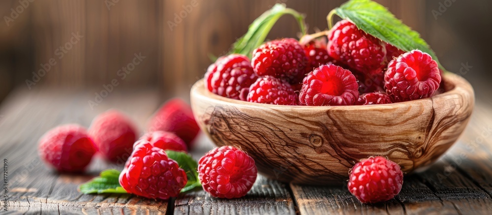 Poster a wooden bowl filled with fresh raspberries with a clear background for copy space image