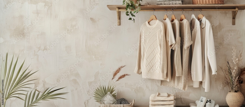 Aufkleber sweaters displayed on shelf unit against beige wall in room with copy space image