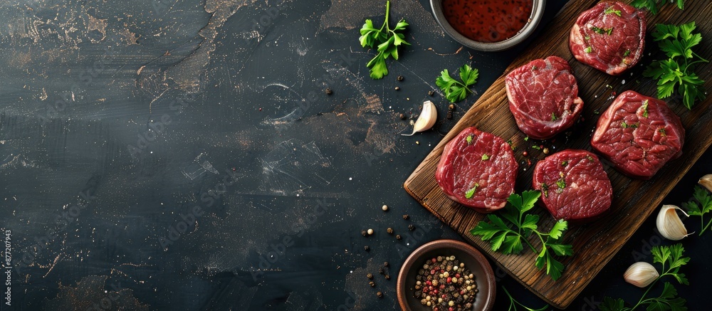 Poster wooden cutting board with raw beef steaks accompanied by garlic parsley and spices set against a sto