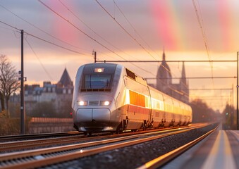 Empty High-Speed Train Passing Through European City at Sunset