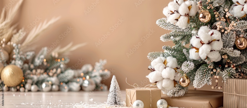 Poster festive new year decorations like cotton flowers and a christmas tree creating a cozy backdrop with 