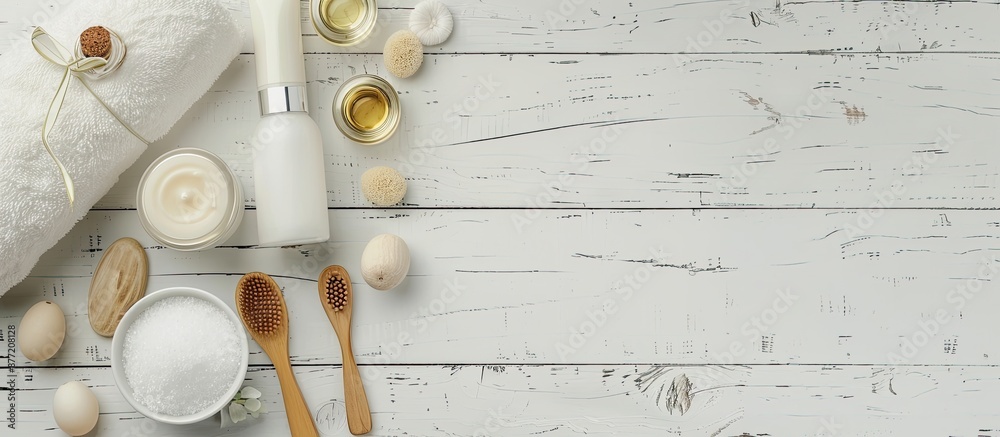 Aufkleber Spa set with aromatherapy products arranged in a flat lay composition on a white wood background providing space for text or images. with copy space image. Place for adding text or design