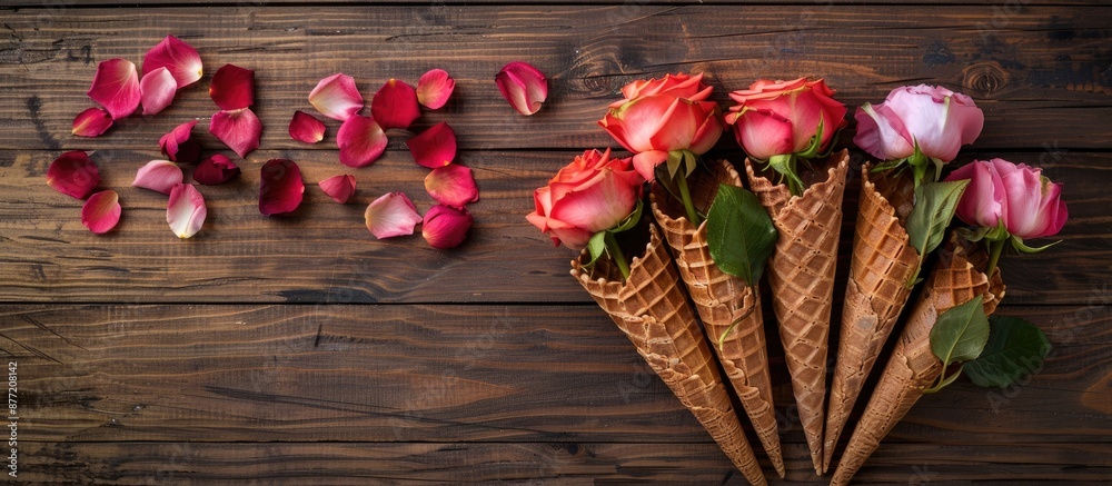 Poster Flowers like roses arranged in waffle cones with petals displayed on a wooden backdrop with copy space image