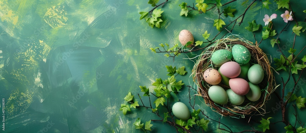 Leinwandbilder an easter themed image featuring a slate plate with eggs in a basket set against a vibrant backgroun