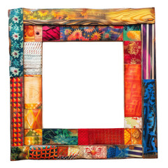 Fototapeta premium Vibrant colorful patchwork frame with assorted fabric textures, perfect for artistic projects and creative photo displays.