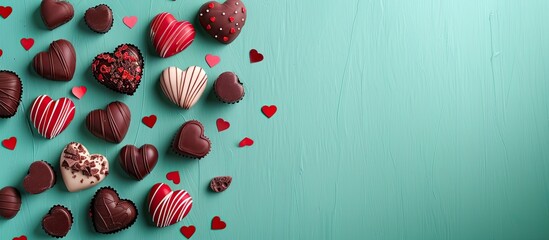 Valentine s themed red and chocolate brown decorations against a minty backdrop create a charming border with ample copy space image