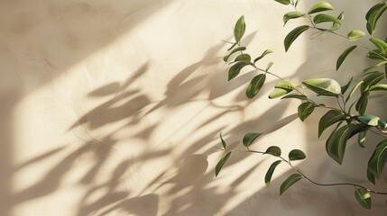 Advertisement banner featuring product with plant leaves casting shadows on beige wall