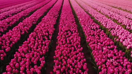  Aerial view of pink tulip fields in spring with copy space © GenZGraphics