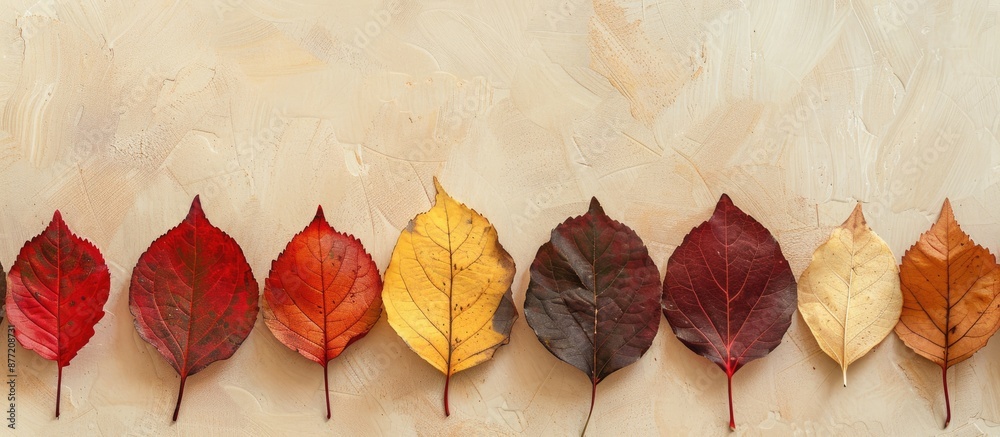 Aufkleber Autumn leaves in red and yellow shades neatly arranged in a row on a soft beige background provide a seasonal card or backdrop with a colorful textured foliage and copy space image