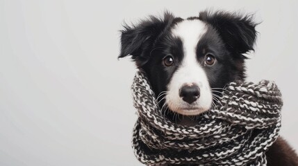 Fototapeta premium Adorable border collie puppy wearing scarf in studio portrait on white background Seasonal dog photo with space for text