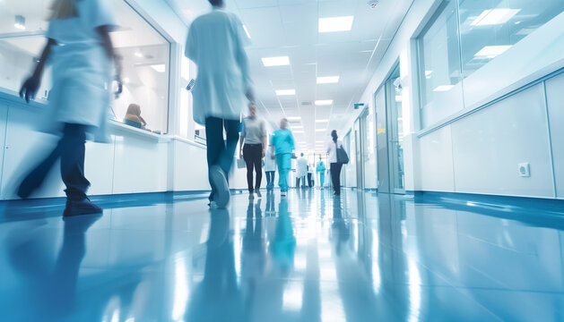 Couloir d'un h&ocirc;pital ou d'une clinique avec du personnel soignant m&eacute;decin, docteur, chirurgien