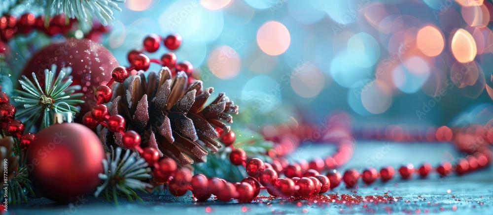 Poster a charming holiday backdrop with festive decorations like christmas balls red beads and a cone set a