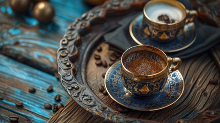 Aesthetic presentation of Turkish coffee on wooden table