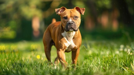 American staffordshire terrier tiger with uncropped ears strolls outside during summer