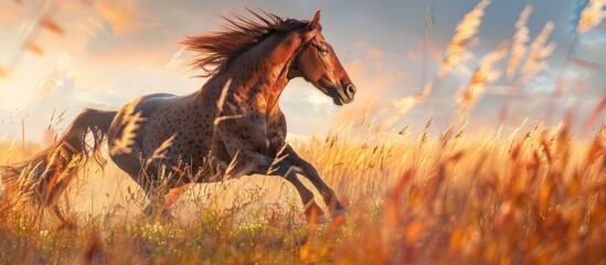 A stunning brown spotted stallion in a colorful landscape with long reeds on a breezy day perfect as a copy space image
