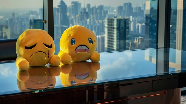 Two yellow emoji plush toys with crying faces placed on a sleek, glass office desk with a cityscape view in the background - Powered by Adobe