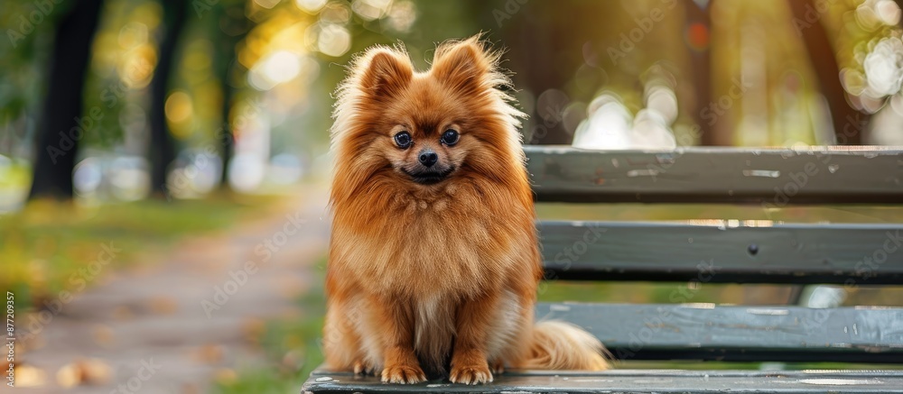 Poster adorable pomeranian dog with fluffy fur sitting on a park bench during a leisurely walk creating a c
