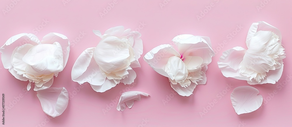 Aufkleber heart shaped peony petals in white placed on a pink background symbolize love in a flat lay top down