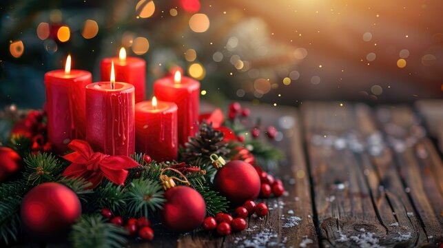 Advent wreath with red candles and Christmas decor on wooden table home decoration for fourth Sunday selective focus