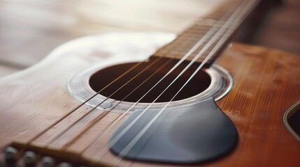 Fototapeta premium Acoustic guitar close up with selective focus on string tensioning on white background