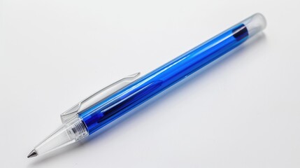 Affordable automatic blue ballpoint pen in clear case without cap on white background