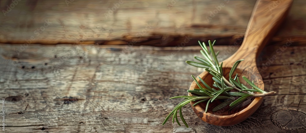Aufkleber Rosemary placed in a wooden spoon rests on a rustic wooden table providing a serene backdrop for a copy space image