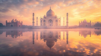 The majestic Taj Mahal bathed in the golden light of sunrise, highlighting its architectural beauty and serene reflection in the water