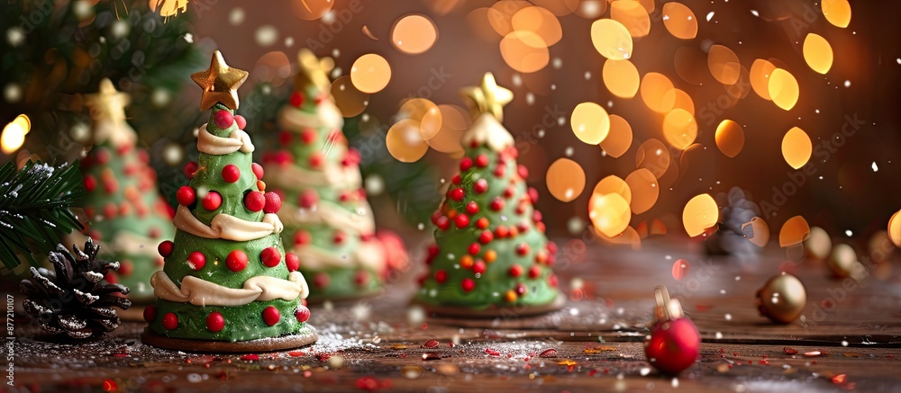Poster selective focus enhances christmas tree cakes on a wooden christmas background creating a festive co