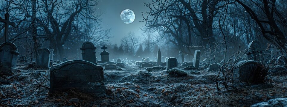 A graveyard with a large moon in the sky. The moon is shining on the gravestones, creating a spooky atmosphere