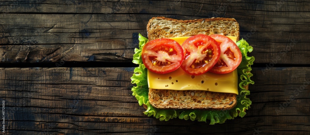 Poster a sandwich with tomato lettuce and yellow cheese arranged on a wooden surface for a rustic look with