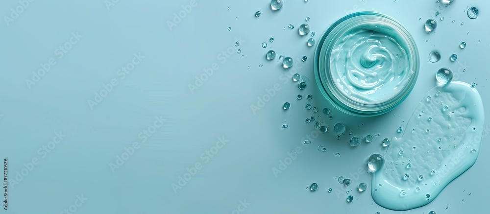 Poster Cosmetic product displayed in a top view copy space image on a light blue background with a sample of cleansing gel perfect for text placement