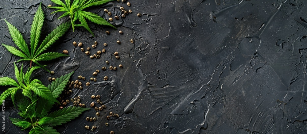 Poster copy space image showing green hemp leaves and seeds on a sleek black concrete background featuring 