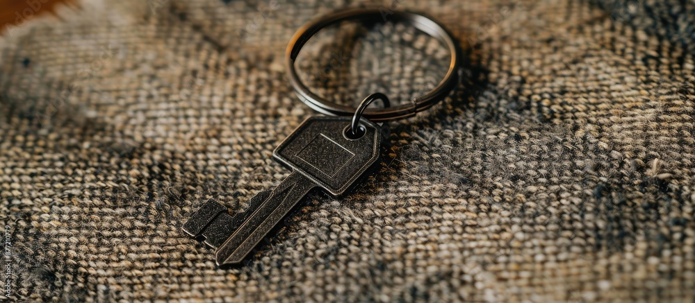 Aufkleber A keychain shaped like a house key rests on fabric creating a fitting copy space image for real estate themes like mortgage moving or renting