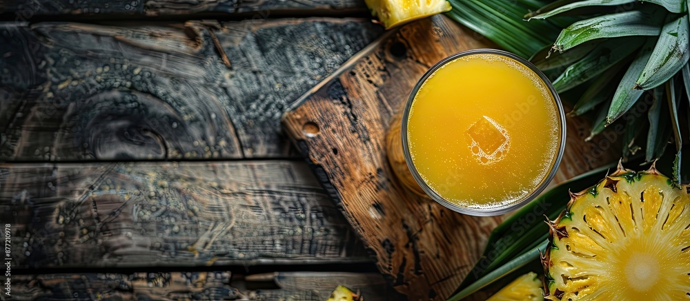 Aufkleber Copy space image of pineapple juice on a wooden table with a halved fruit placed upside down in a frame