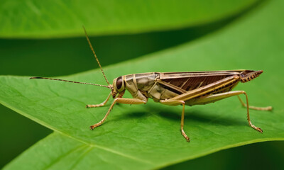 Fototapeta premium Detailed close-up photograph of a grasshopper perched on a vibrant green leaf, showcasing the intricate patterns of its body and the harmonious interaction with the natural environment.