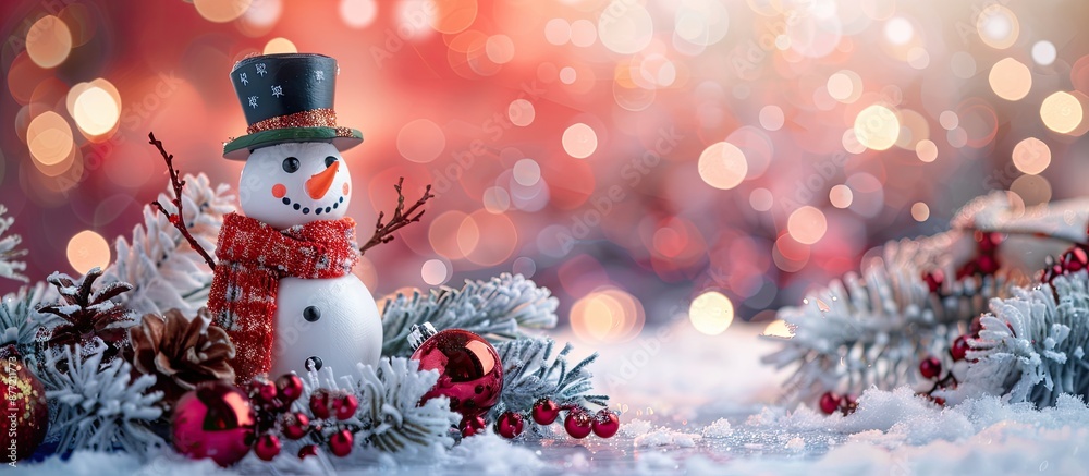Aufkleber christmas decorations and a snowman set against a festive abstract background with copy space image