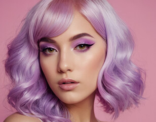 Fototapeta premium A woman with soft lavender and pink hair showcases expressive makeup in a close-up portrait, creating a visually striking image set against a pink background.