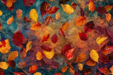 Vibrant autumn leaves in red, yellow, and orange tones against a textured background, capturing the essence of fall foliage in a stunning display.