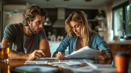 Couple Looking Over Paperwork with Concerned Expressions
