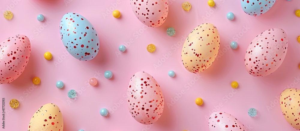 Poster Seamless Easter pattern featuring colored eggs adorned with glitter against a pink background ideal for designs needing a copy space image