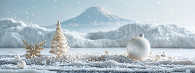 A white Christmas tree is surrounded by snow and a white ball. The scene is set in a snowy mountain landscape