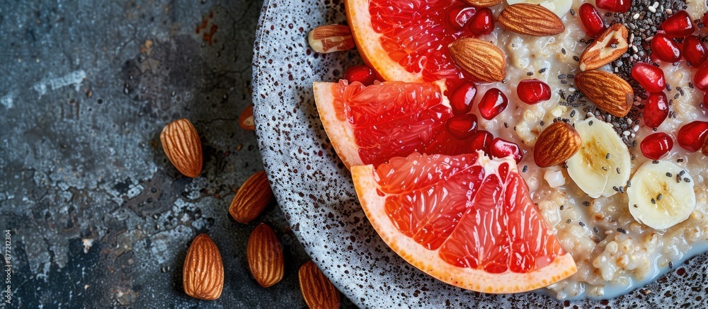 Leinwandbilder nutritious oatmeal plate topped with grapefruit pomegranate almonds and chia seeds ideal for breakfa