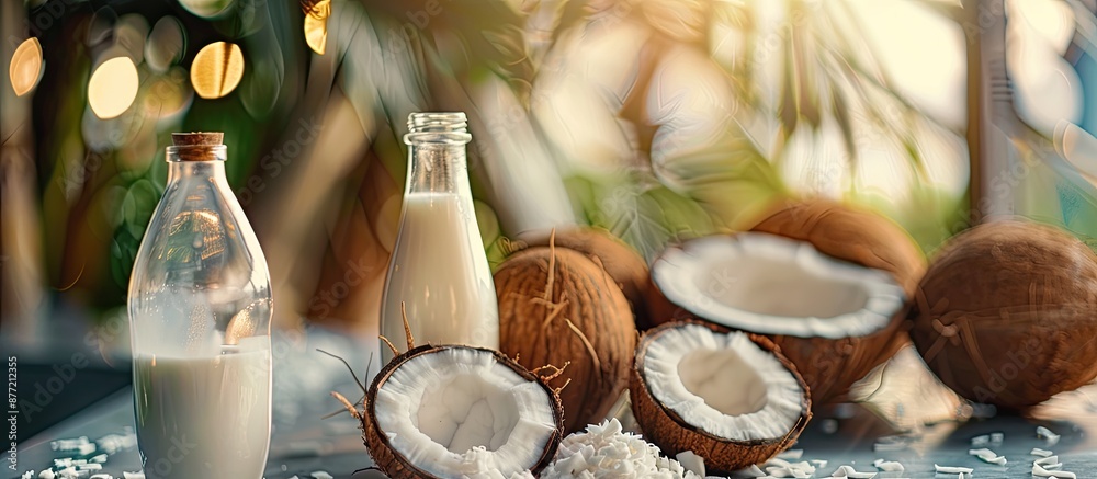 Poster bottle and glass of coconut milk displayed on a table alongside a copy space image