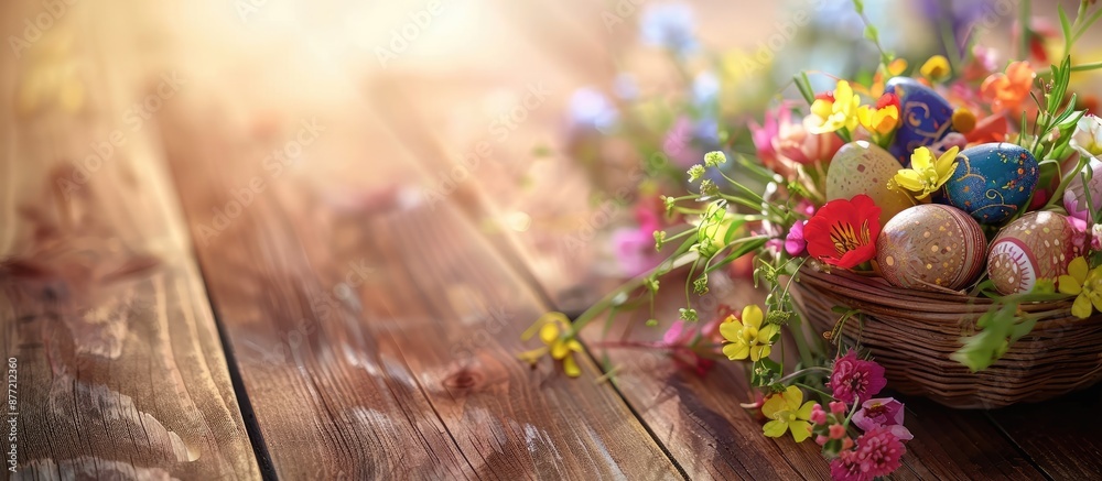 Leinwandbilder Spring flowers in a wooden background basket with Easter eggs conveying a festive and colorful theme with copy space image to include your own text or design