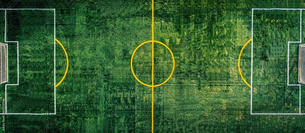 Poster Top view of an artificial grass soccer field with white and yellow boundary lines perfect for a copy space image