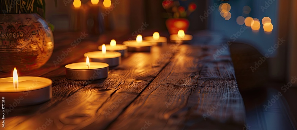 Poster illuminate a wooden table with multiple lit candles for a cozy ambiance and a beautiful copy space i