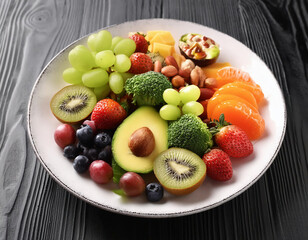 Plate with delicious appetizers on color background, top view. Balanced diet