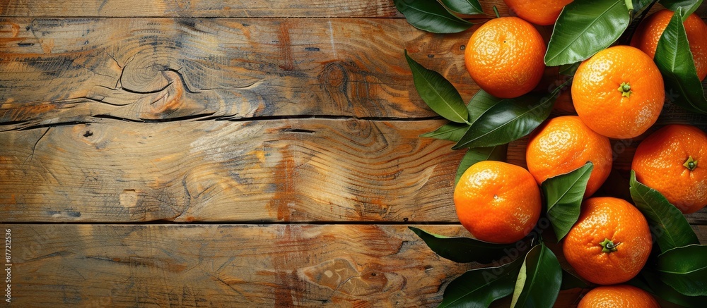 Aufkleber mandarin oranges with leaves on a wooden background perfect for a copy space image